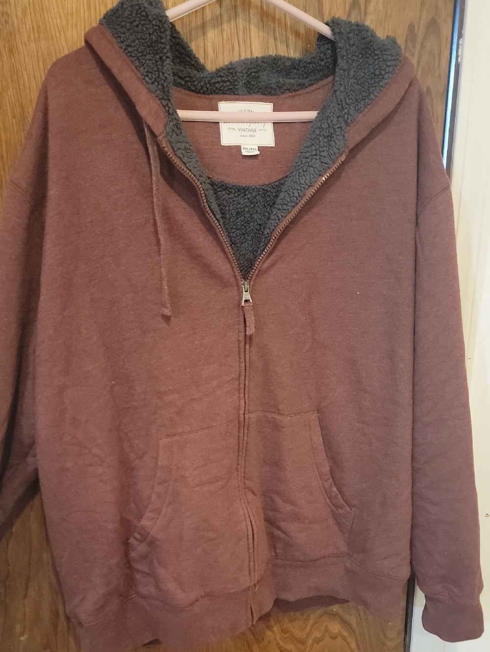 Weatherproof Men’s Burgandy Zip-Up Hoodie with Gray Sherpa Lining